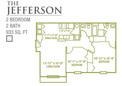 Floor plan for 2 beds, 2 baths, 933 sqft