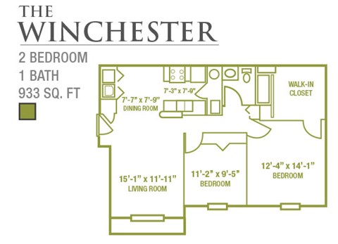 Floor plan for 2 beds, 1 bath, 933 sqft