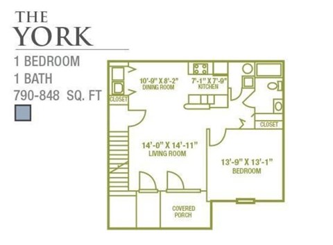Floor plan for 1 bed, 1 bath, 910 sqft