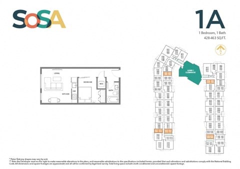 Floor plan for 1 bed, 1 bath, 450 sqft