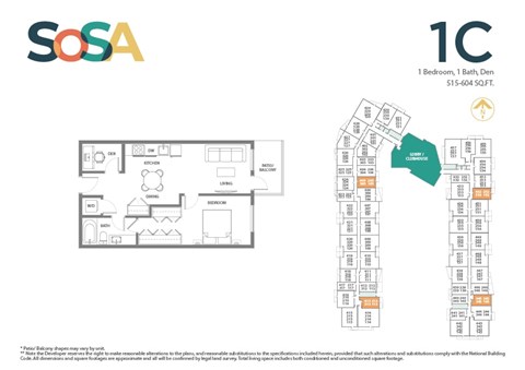 Floor plan for 1 bed, 1 bath, 590 sqft