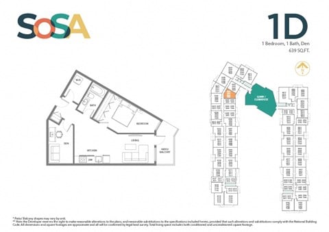 Floor plan for 1 bed, 1 bath, 639 sqft
