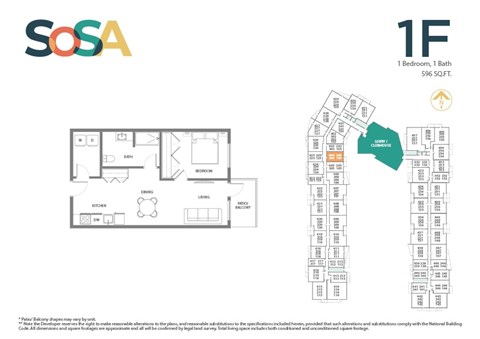 Floor plan for 1 bed, 1 bath, 596 sqft