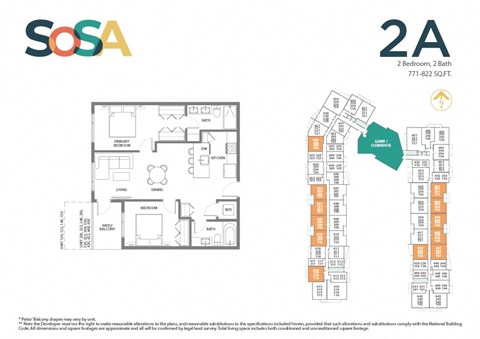 Floor plan for 2 beds, 2 baths, 771 sqft