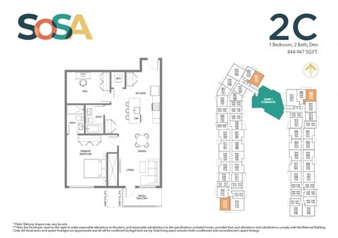 Floor plan for 1 bed, 2 baths, 947 sqft