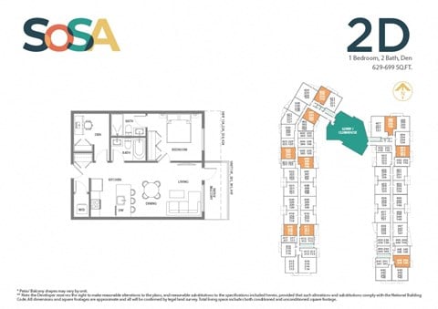 Floor plan for 1 bed, 2 baths, 670 sqft