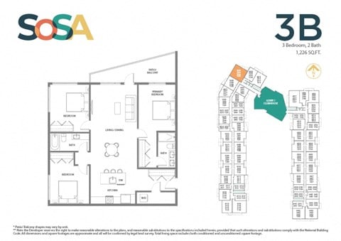 Floor plan for 3 beds, 2 baths, 1226 sqft