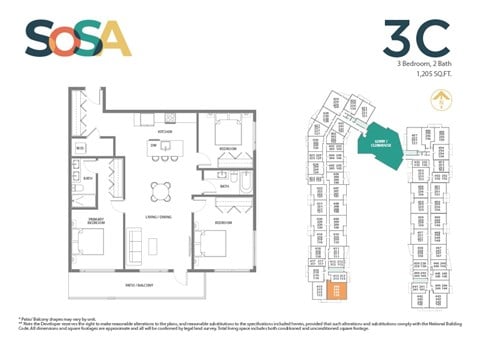 Floor plan for 3 beds, 2 baths, 1205 sqft