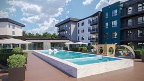 Saskatoon apartment for rent - a rendering of a pool with an apartment building in the background