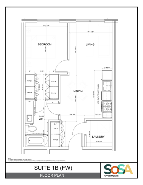 Floor plan for 1 bed, 1 bath, 515 sqft