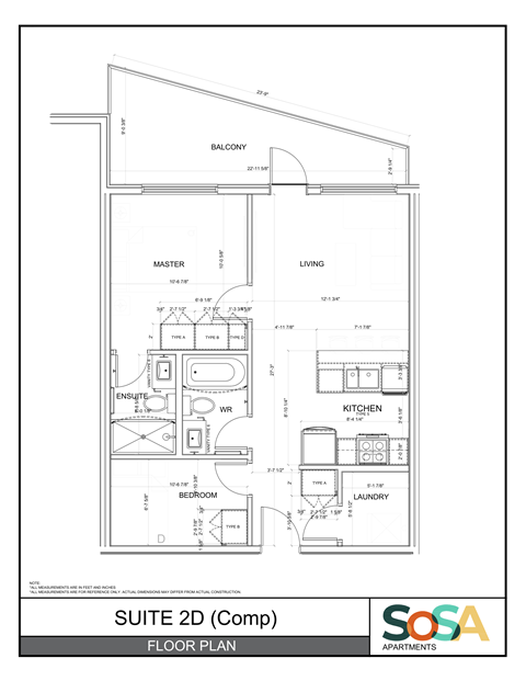 Floor plan for 1 bed, 2 baths, 657 sqft