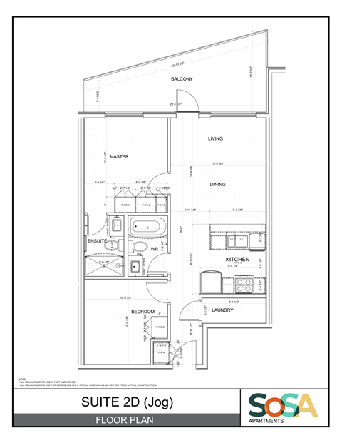 Floor plan for 1 bed, 2 baths, 682 sqft