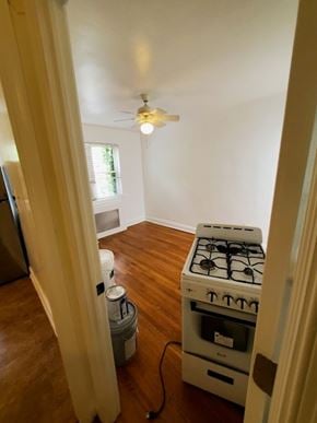 Washington apartment for rent - A white gas stove is in a room with a fan on the ceiling.