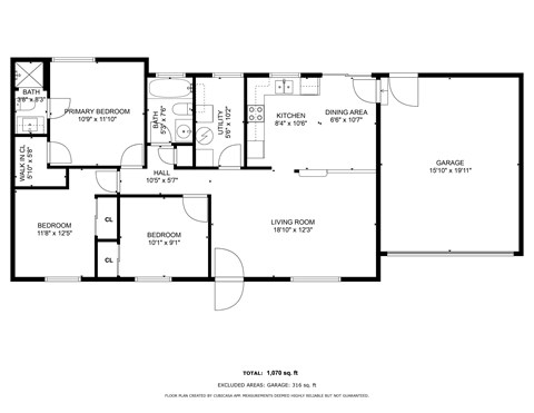 Floor plan for 3 beds, 2 baths, 1070 sqft