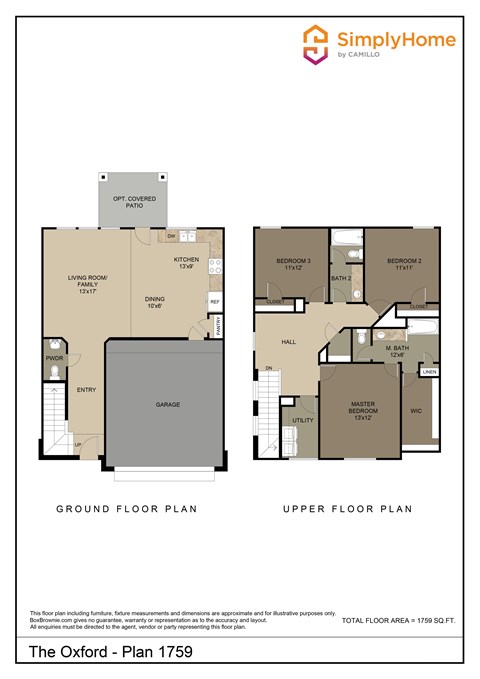 Floor plan for 3 beds, 2.5 baths, 1759 sqft