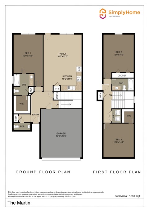Floor plan for 3 beds, 2.5 baths, 1631 sqft