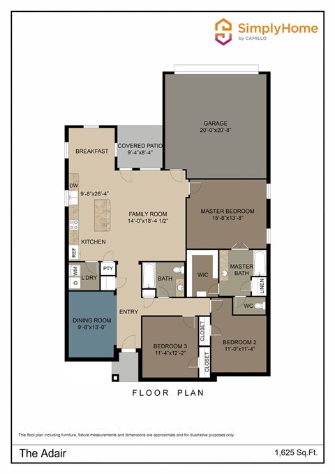 Floor plan for 3 beds, 2 baths, 1625 sqft