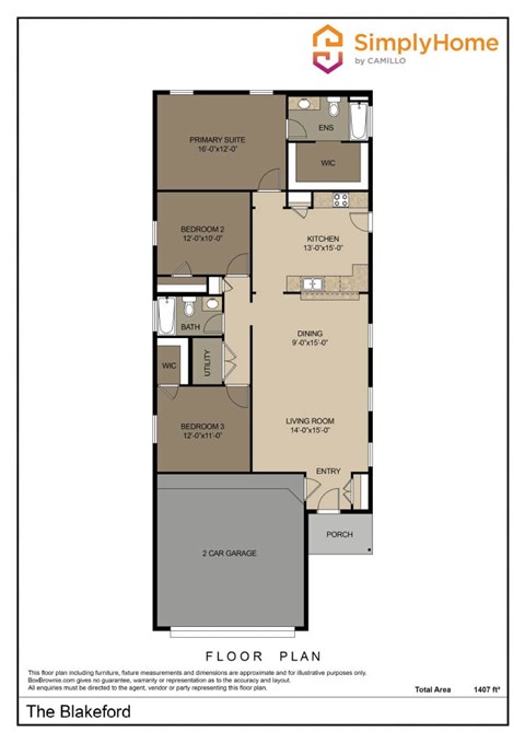 Floor plan for 3 beds, 2 baths, 1407 sqft