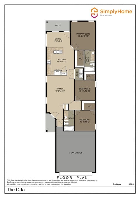 Floor plan for 3 beds, 2 baths, 1239 sqft