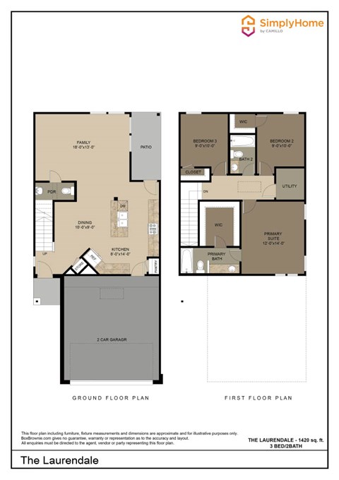 Floor plan for 3 beds, 2.5 baths, 1420 sqft