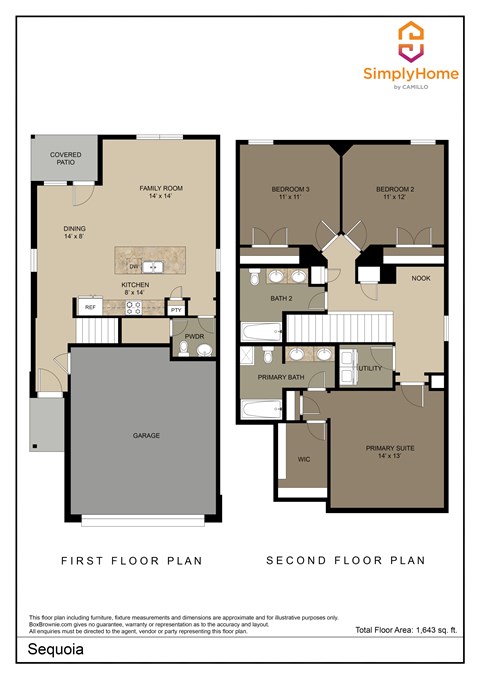 Floor plan for 3 beds, 2.5 baths, 1643 sqft