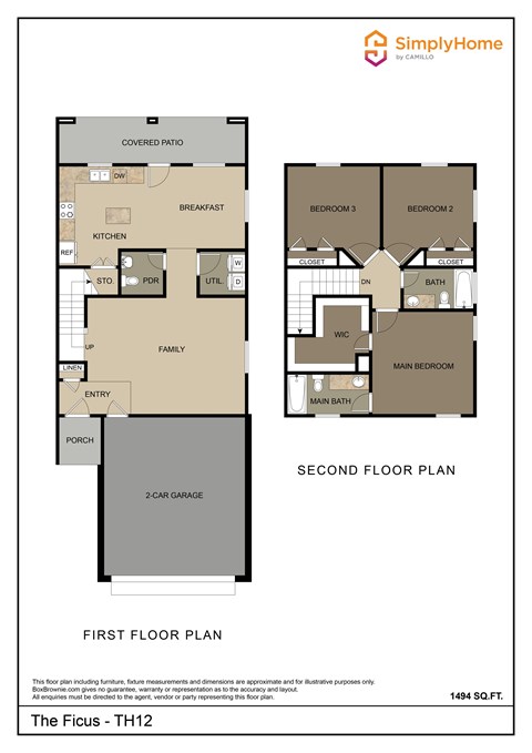Floor plan for 3 beds, 2.5 baths, 1494 sqft