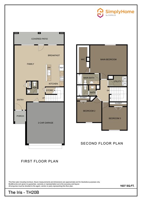 Floor plan for 3 beds, 2.5 baths, 1637 sqft