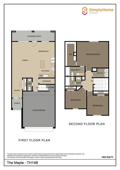 Floor plan for 3 beds, 2.5 baths, 1634 sqft