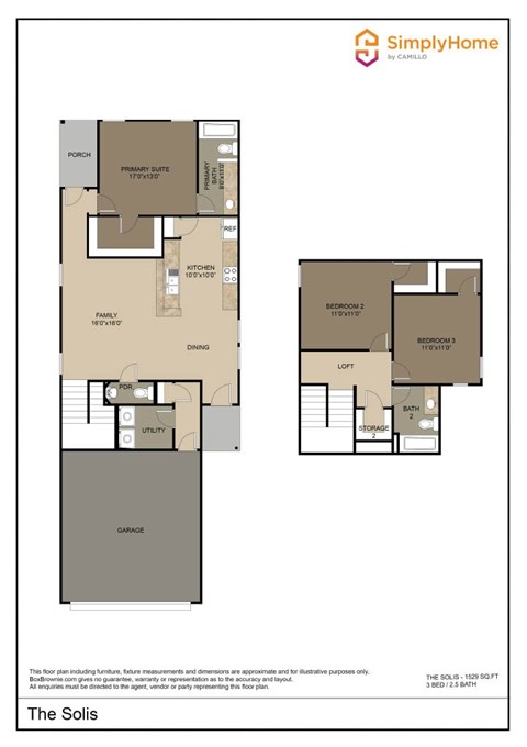 Floor plan for 3 beds, 2.5 baths, 1529 sqft
