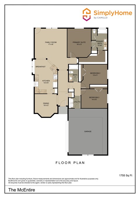 Floor plan for 3 beds, 2 baths, 1755 sqft