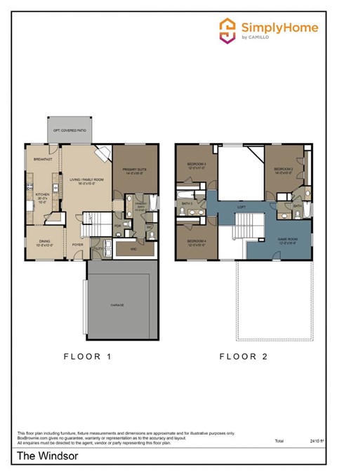 Floor plan for 4 beds, 3.5 baths, 2410 sqft