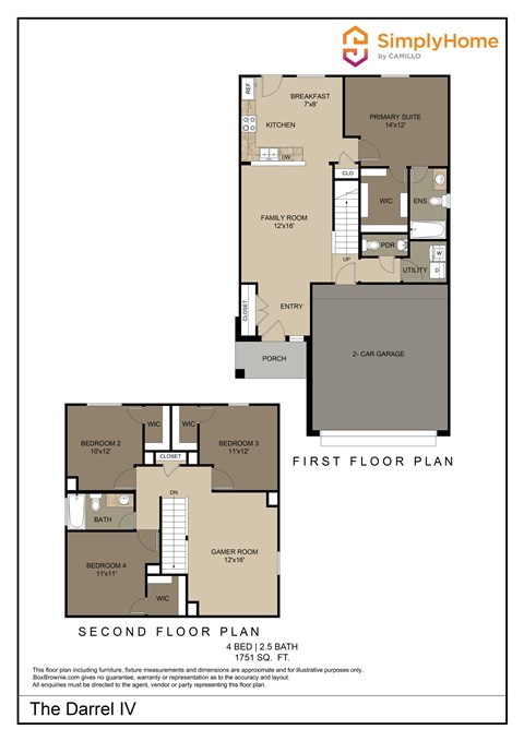 Floor plan for 4 beds, 2.5 baths, 1751 sqft