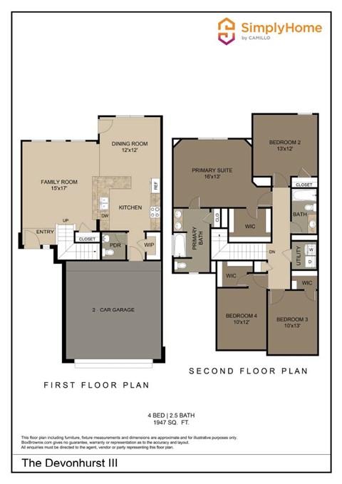 Floor plan for 4 beds, 2.5 baths, 1947 sqft