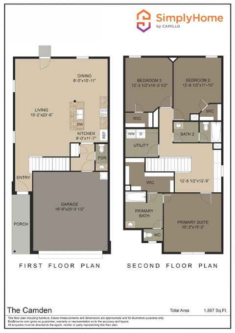 Floor plan for 3 beds, 2.5 baths, 1887 sqft
