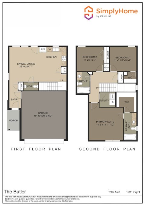 Floor plan for 3 beds, 2.5 baths, 1311 sqft
