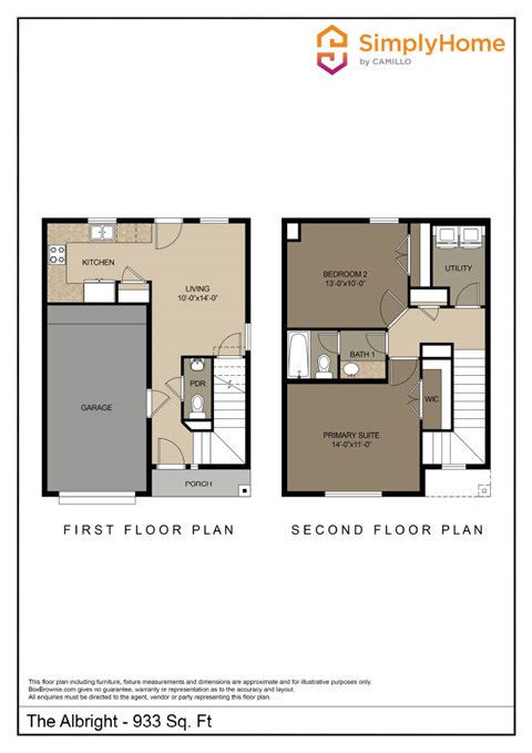 Floor plan for 2 beds, 1.5 baths, 933 sqft