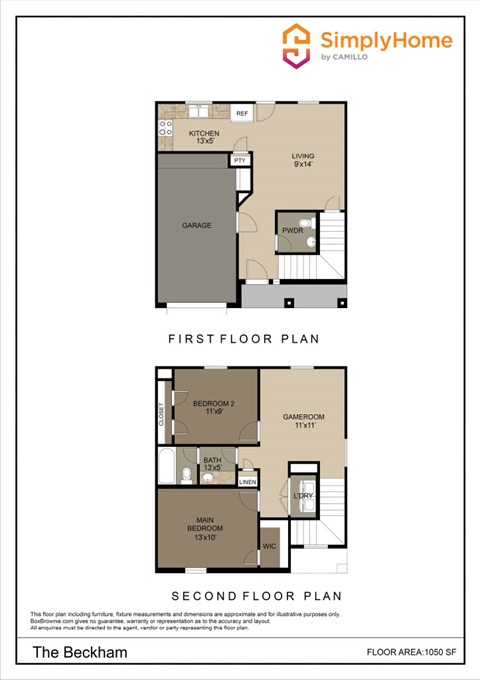 Floor plan for 2 beds, 1.5 baths, 1050 sqft