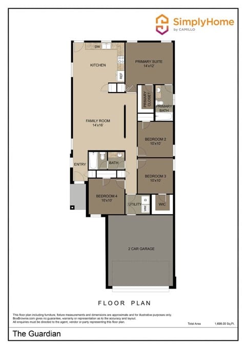 Floor plan for 4 beds, 2 baths, 1433 sqft