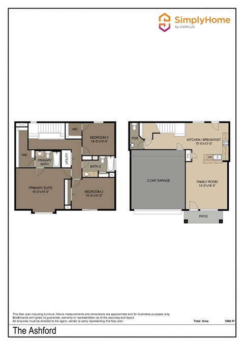 Floor plan for 3 beds, 2.5 baths, 1568 sqft