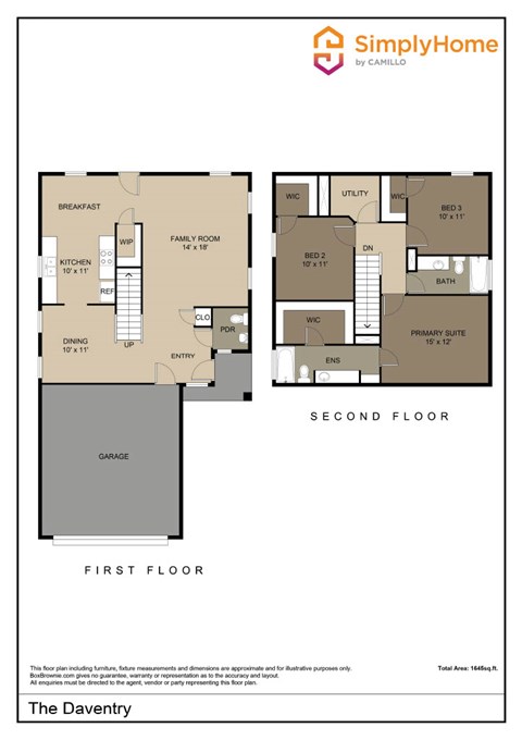 Floor plan for 3 beds, 2.5 baths, 1645 sqft
