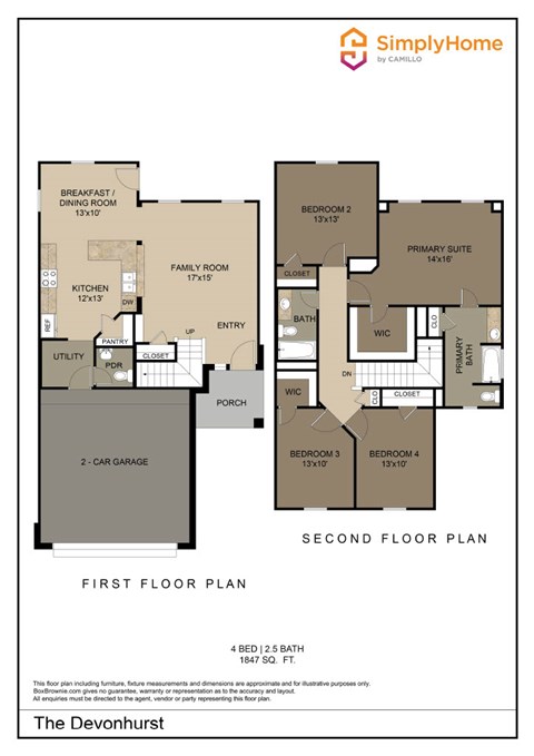 Floor plan for 4 beds, 2.5 baths, 1847 sqft