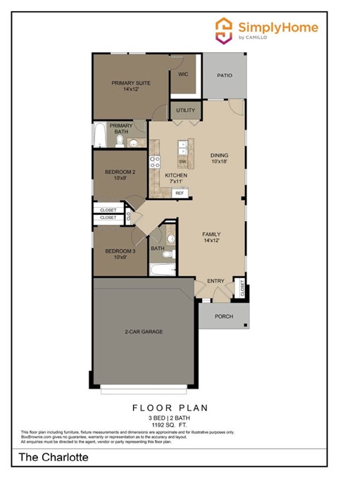 Floor plan for 3 beds, 2 baths, 1192 sqft