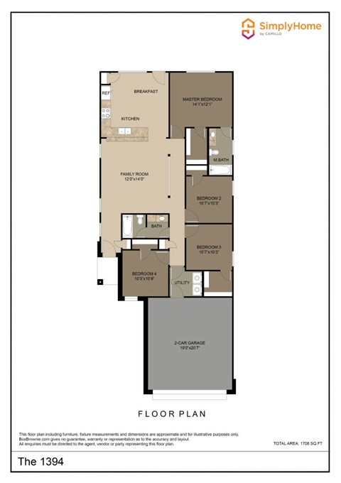 Floor plan for 4 beds, 2 baths, 1394 sqft
