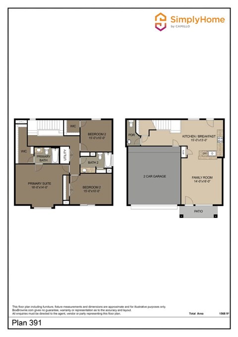 Floor plan for 3 beds, 2.5 baths, 1568 sqft