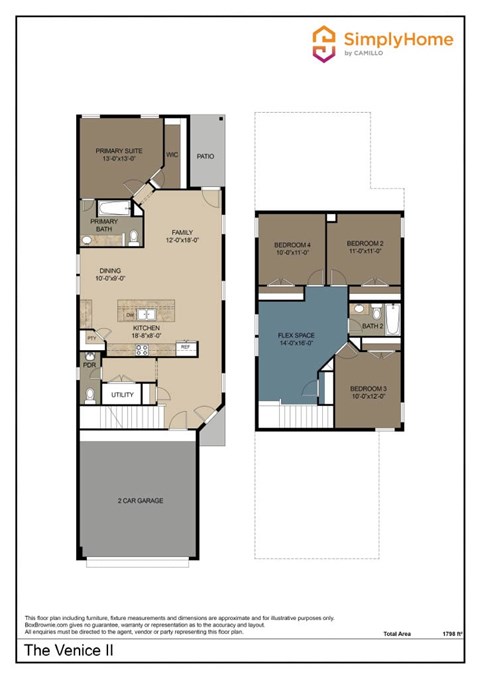 Floor plan for 4 beds, 2.5 baths, 1798 sqft