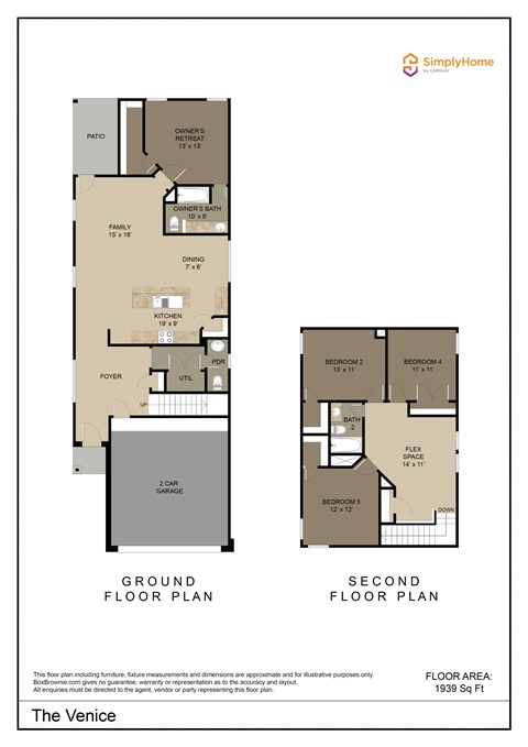 Floor plan for 4 beds, 2.5 baths, 1939 sqft