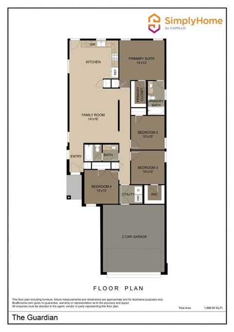 Floor plan for 4 beds, 2 baths, 1433 sqft
