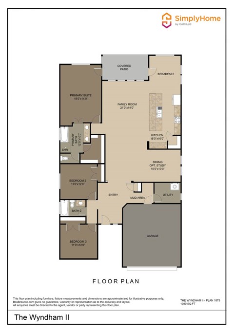 Floor plan for 3 beds, 2 baths, 1980 sqft