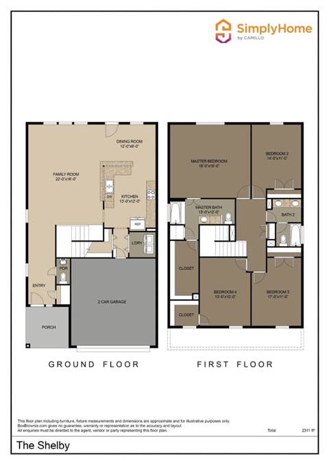 Floor plan for 4 beds, 2.5 baths, 2363 sqft