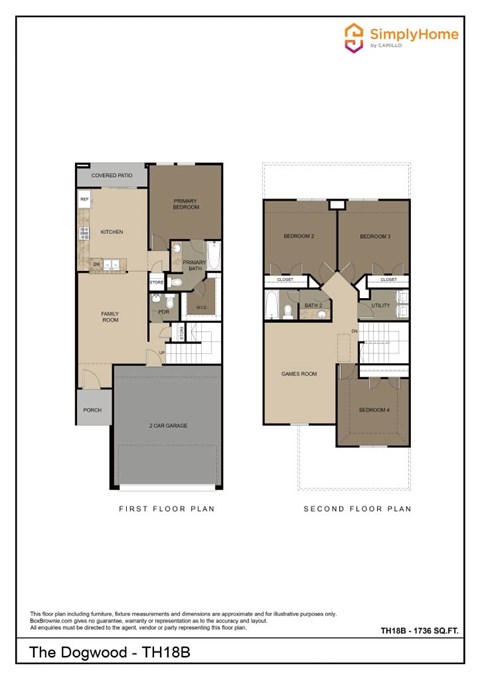 Floor plan for 4 beds, 2.5 baths, 1736 sqft